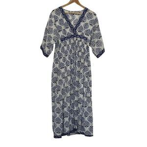 La Plage Maxi Dress White Blue Silver V Neck Cover Up India Size‎ Small